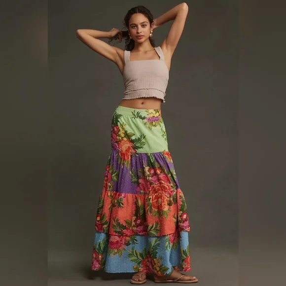 Farm Rio for Anthropologie Tiered Floral Maxi Skirt Colorblock - Picture 1 of 5
